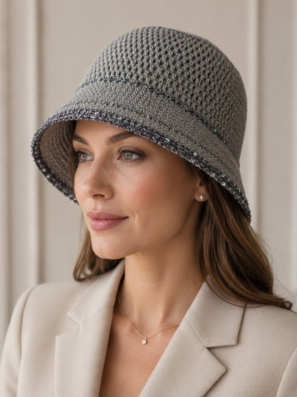 Crochet Bucket Hat Gray Sequin Trim Knit Cloche Summer Boho Chic One Size